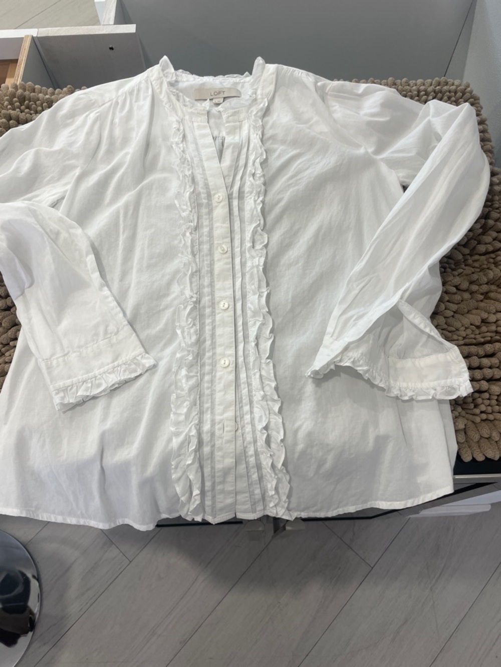 LOFT White Ruffle-Trim Button-Down Blouse